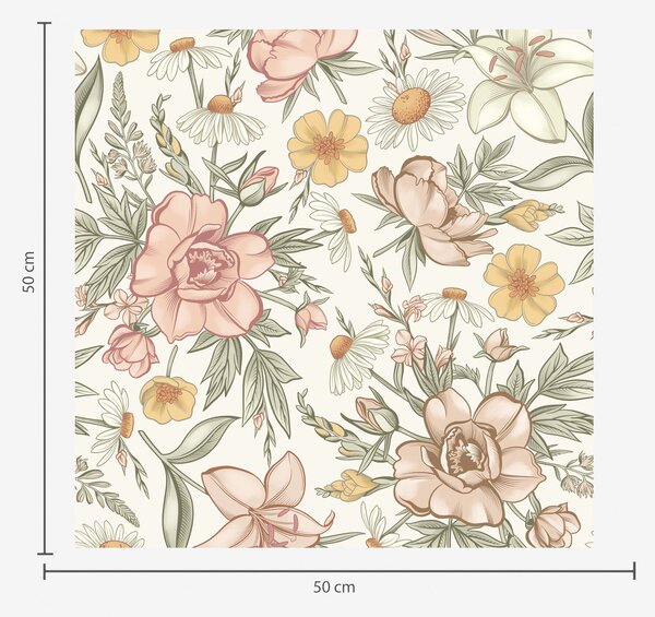 Tapet Margarete, bujori, crini și frunze în culori delicate, Tapet flori, a00299 : Uwalls.ro
