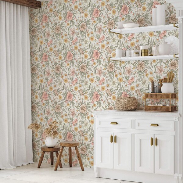Tapet Margarete, bujori, crini și frunze în culori delicate, Tapet flori, a00299 : Uwalls.ro