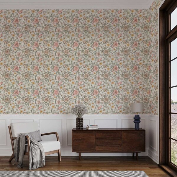 Tapet Margarete, bujori, crini și frunze în culori delicate, Tapet flori, a00299 : Uwalls.ro