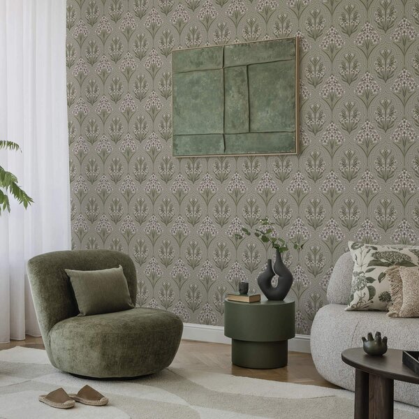 Tapet Model simetric cu flori albe pe un fundal gri, Tapet flori, a00302 : Uwalls.ro