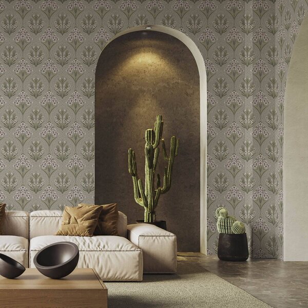 Tapet Model simetric cu flori albe pe un fundal gri, Tapet flori, a00302 : Uwalls.ro