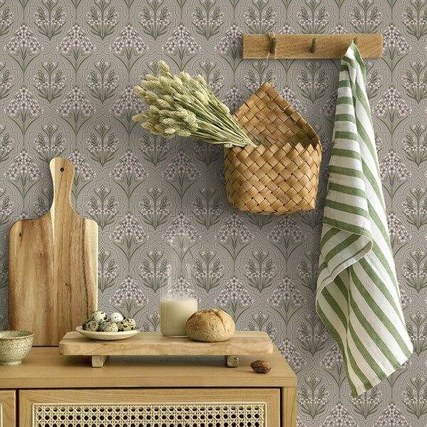Tapet Model simetric cu flori albe pe un fundal gri, Tapet flori, a00302 : Uwalls.ro