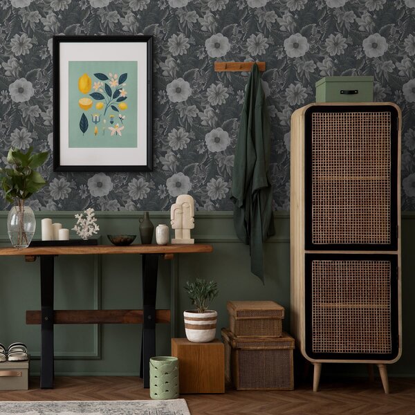 Tapet Model floral gri și alb cu efect retro, Tapet flori, a00307 : Uwalls.ro