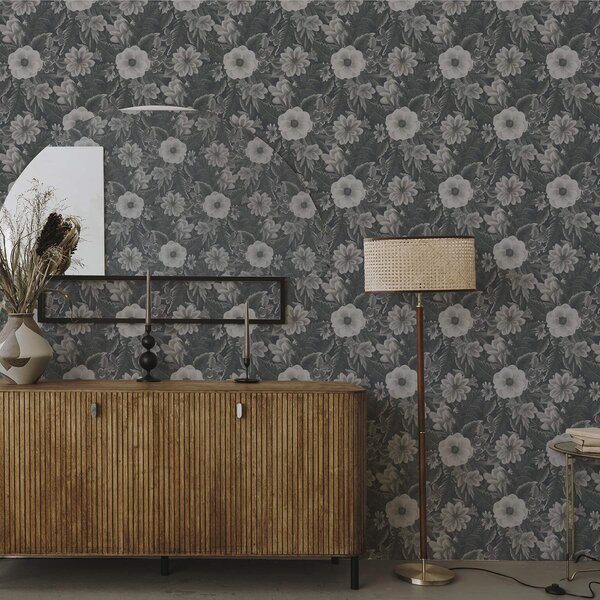 Tapet Model floral gri și alb cu efect retro, Tapet flori, a00307 : Uwalls.ro