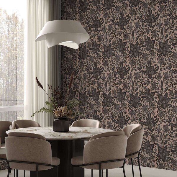 Tapet Model floral etnic negru și roz și model floral etnic roz, Tapet flori, a00351 : Uwalls.ro