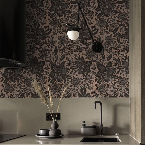Tapet Model floral etnic negru și roz și model floral etnic roz, Tapet flori, a00351 : Uwalls.ro