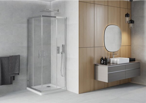 Mexen Rio, cabină de duș pătrată 90 x 90 cm, sticlă transparentă de 6 mm, profil cromat + cădiță de duș albă, 860-090-090-01-00-4010