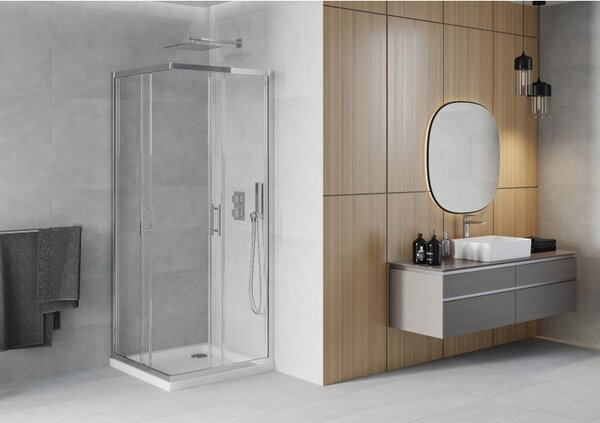 Mexen Rio, cabină de duș pătrată 90 x 90 cm, sticlă transparentă de 6 mm, profil cromat + cădiță de duș albă, 860-090-090-01-00-4010