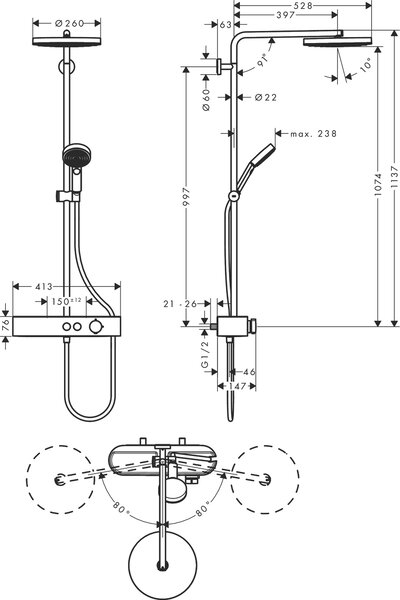 Hansgrohe Pulsify S set de duș perete cu termostat cu duș de ploaie || 24221140