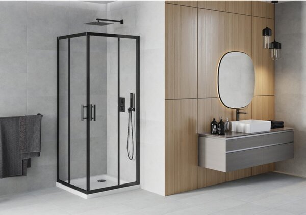 Mexen Rio, cabină de duș pătrată 90 x 90 cm, sticlă transparentă de 6 mm, profil negru + cădiță de duș albă, 860-090-090-70-00-4010B