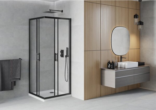 Mexen Rio, cabină de duș pătrată 90 x 90 cm, sticlă transparentă de 6 mm, profil negru + cădiță de duș albă, 860-090-090-70-00-4010B