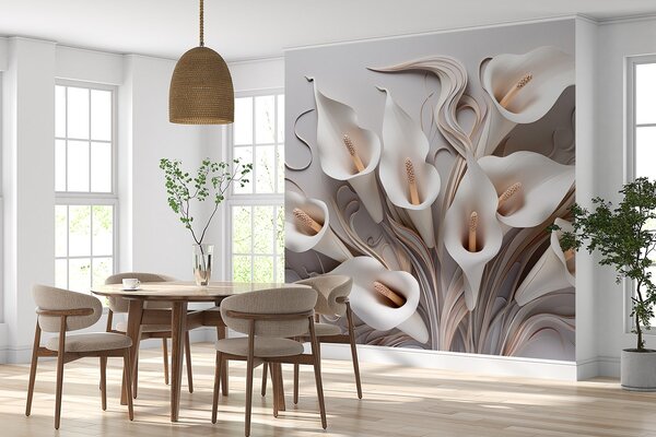 Tapet Crini calla volumetrici în tonuri cremoase cu efect 3D, Fototapet Flori, w09281 : Uwalls.ro