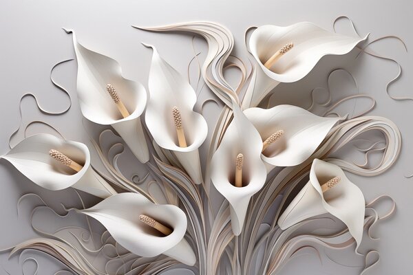 Tapet Crini calla volumetrici în tonuri cremoase cu efect 3D, Fototapet Flori, w09281 : Uwalls.ro
