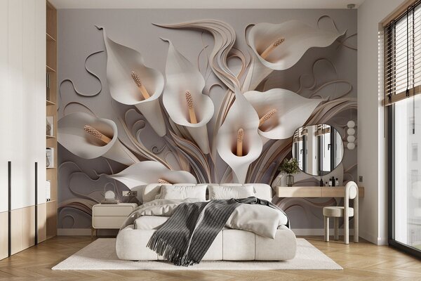 Tapet Crini calla volumetrici în tonuri cremoase cu efect 3D, Fototapet Flori, w09281 : Uwalls.ro