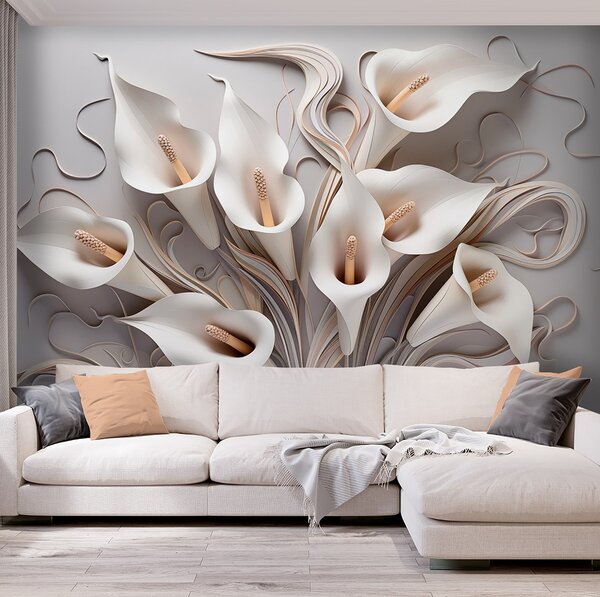 Tapet Crini calla volumetrici în tonuri cremoase cu efect 3D, Fototapet Flori, w09281 : Uwalls.ro
