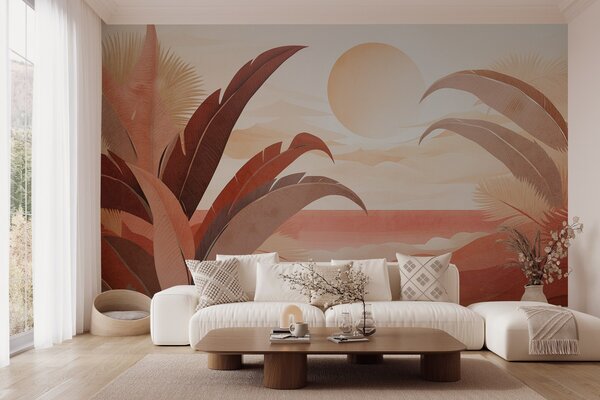 Tapet Peisaj abstract tropical texturat cu frunze de palmier și un soare mare pe cer, paletă de culori calde,, Fototapet Natură, w09296 : Uwalls.ro