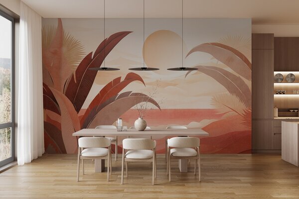 Tapet Peisaj abstract tropical texturat cu frunze de palmier și un soare mare pe cer, paletă de culori calde,, Fototapet Natură, w09296 : Uwalls.ro
