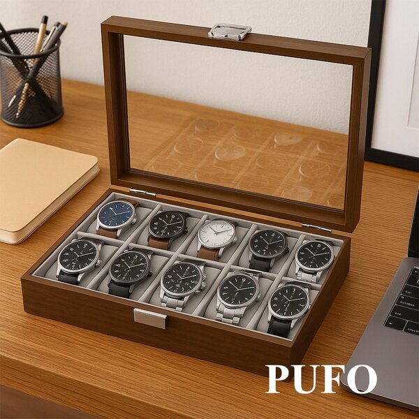 Caseta eleganta din lemn pentru depozitare si organizare 10 ceasuri, model Pufo Gentleman, maro