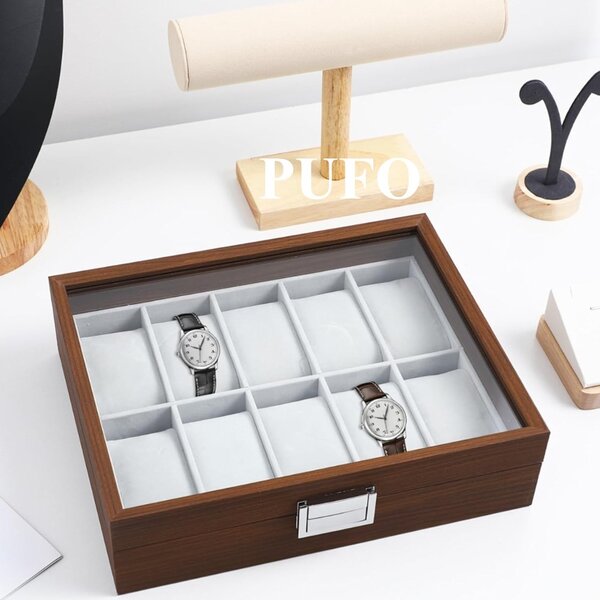 Caseta eleganta din lemn pentru depozitare si organizare 10 ceasuri, model Pufo Gentleman, maro