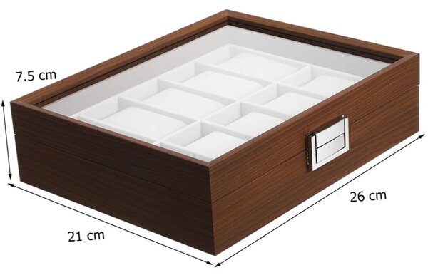 Caseta eleganta din lemn pentru depozitare si organizare 10 ceasuri, model Pufo Gentleman, maro