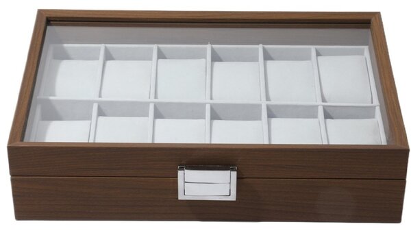 Caseta eleganta din lemn pentru depozitare si organizare 12 ceasuri, model Pufo Gentleman, maro