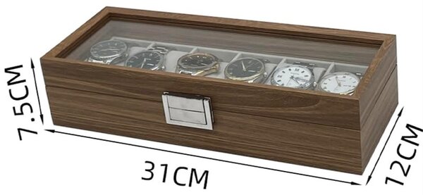 Caseta eleganta din lemn pentru depozitare si organizare 6 ceasuri, model Pufo Gentleman, maro