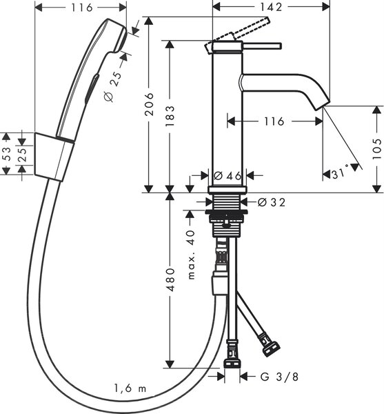 Hansgrohe Tecturis S baterie lavoar cu duș bideu stativ negru 73211670