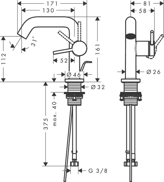 Hansgrohe Tecturis S baterie lavoar stativ alb 73323700