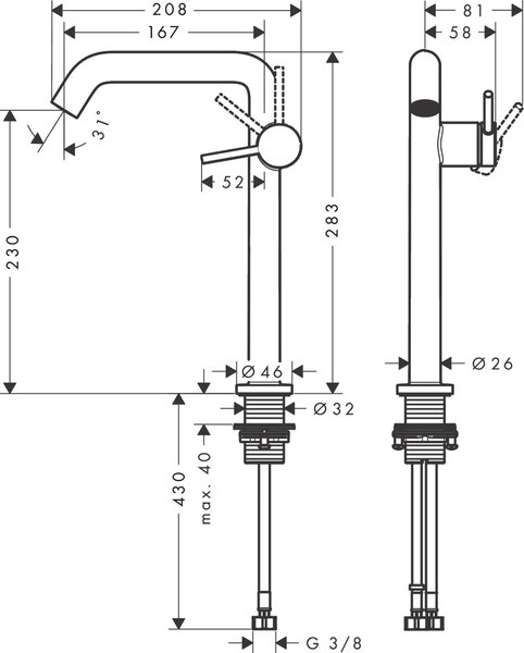 Hansgrohe Tecturis S baterie lavoar stativ crom 73372000