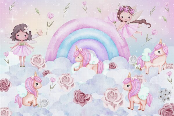 Tapet Zâne și unicorni printre nori și curcubee, Fototapet Pentru Copii, Rainbow pentru copiilor, w04371 : Uwalls.ro