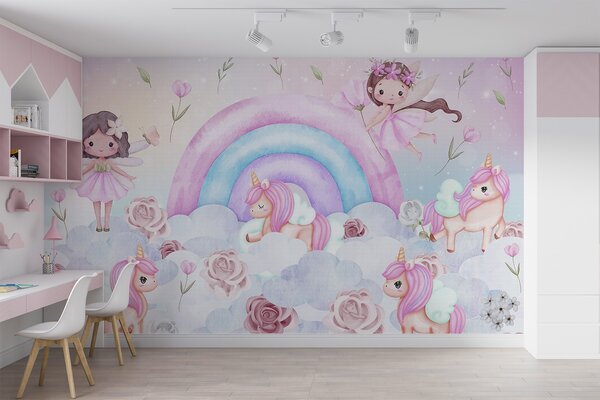 Tapet Zâne și unicorni printre nori și curcubee, Fototapet Pentru Copii, Rainbow pentru copiilor, w04371 : Uwalls.ro