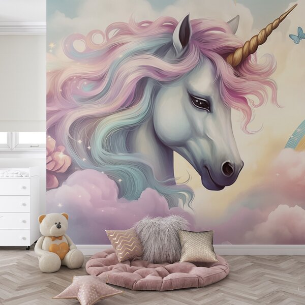 Tapet Unicorn pe un cer înnorat cu un curcubeu, Fototapet Pentru Copii, Fototapet pentru camera unei fete, w04372 : Uwalls.ro