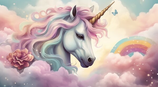 Tapet Unicorn pe un cer înnorat cu un curcubeu, Fototapet Pentru Copii, Fototapet pentru camera unei fete, w04372 : Uwalls.ro
