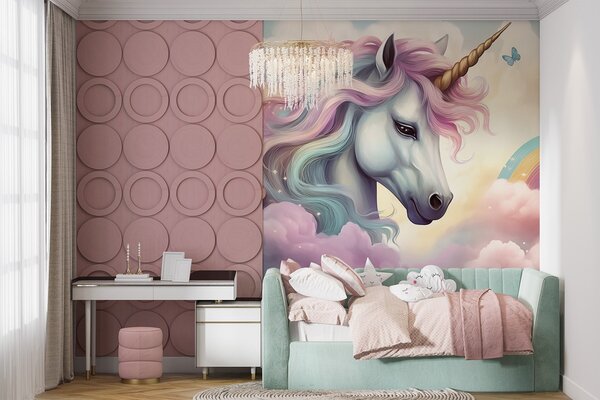 Tapet Unicorn pe un cer înnorat cu un curcubeu, Fototapet Pentru Copii, Fototapet pentru camera unei fete, w04372 : Uwalls.ro