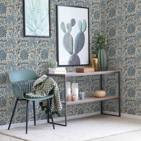 Tapet Toile de Jouy stil cu păsări albastre și copaci tropicali, Tapet flori, a00382 : Uwalls.ro