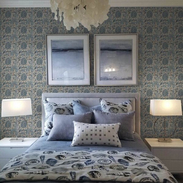 Tapet Toile de Jouy stil cu păsări albastre și copaci tropicali, Tapet flori, a00382 : Uwalls.ro