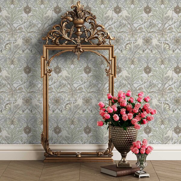 Tapet Păsări Art Nouveau și flori stilizate în pastel, Tapet flori, a00385 : Uwalls.ro