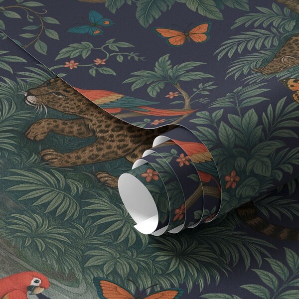 Tapet Jungla tropicală cu leopard, leopard, papagali și fluturi, Tapet pădure, a00388 : Uwalls.ro