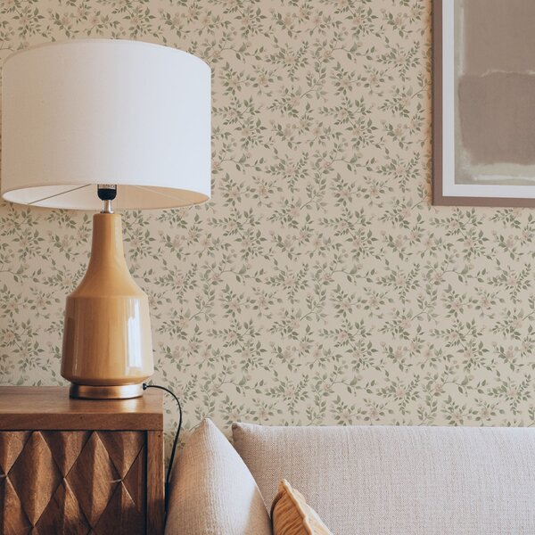 Tapet Delicate ramuri de flori pastelate pe fundal bej, Tapet flori, a00390 : Uwalls.ro