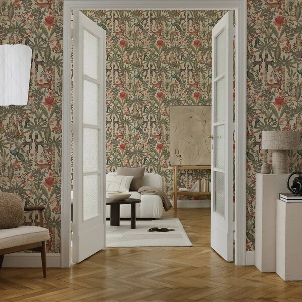 Tapet Stil retro: Animale și flori pe un fundal de epocă, Tapet flori, a00431 : Uwalls.ro