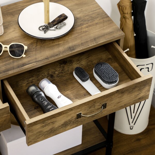 Masă Consolă Vintage HOMCOM din Metal și Lemn, Design Elegant cu 2 Sertare și Raft, Maro, pentru Living, Sufragerie | Aosom Romania