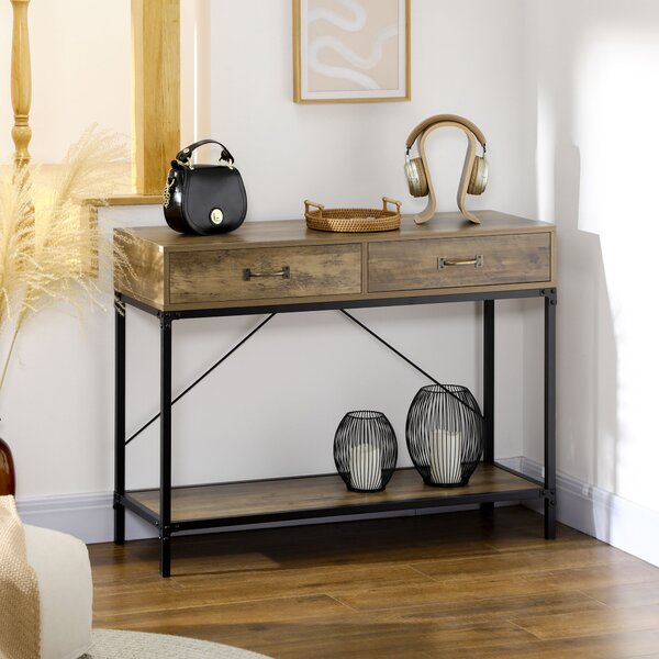 Masă Consolă Vintage HOMCOM din Metal și Lemn, Design Elegant cu 2 Sertare și Raft, Maro, pentru Living, Sufragerie | Aosom Romania