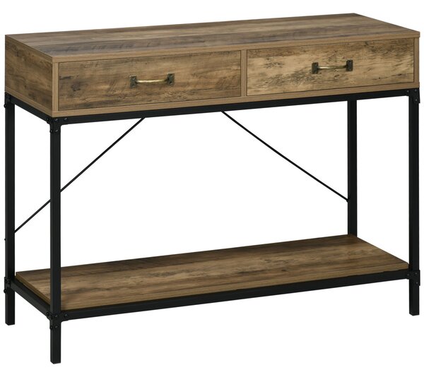 Masă Consolă Vintage HOMCOM din Metal și Lemn, Design Elegant cu 2 Sertare și Raft, Maro, pentru Living, Sufragerie | Aosom Romania