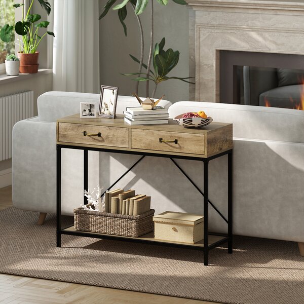 Masă Consolă Vintage HOMCOM din Metal și Lemn, Design Elegant cu 2 Sertare și Raft, Maro, pentru Living, Sufragerie | Aosom Romania