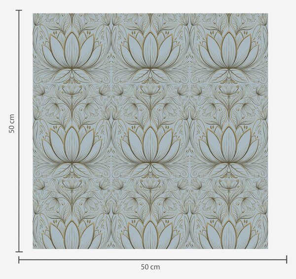 Tapet Ornament Lotus în paleta de culori turcoaz și galben, Tapet flori, a00439 : Uwalls.ro