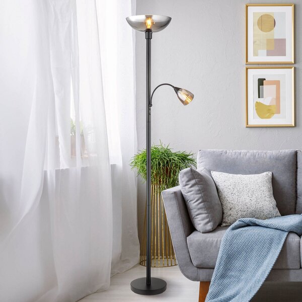 Globo Lampă de podea Blade, înălțime 178 cm, negru/color fum, 2 becuri., Negru, Camera de zi / sufragerie, Metal