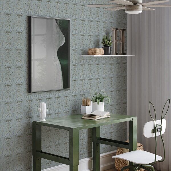 Tapet Ornament Lotus în paleta de culori turcoaz și galben, Tapet flori, a00439 : Uwalls.ro
