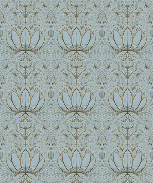 Tapet Ornament Lotus în paleta de culori turcoaz și galben, Tapet flori, a00439 : Uwalls.ro