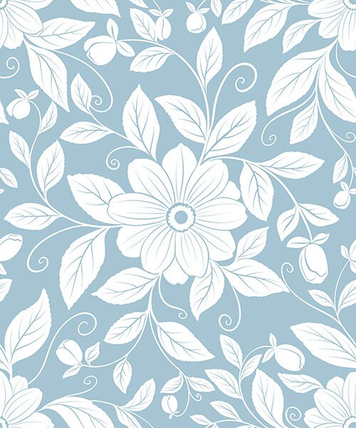 Tapet Contur floral alb pe un fundal albastru pastel, Tapet flori, a00452 : Uwalls.ro