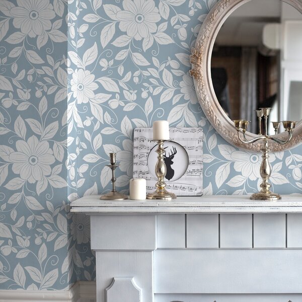Tapet Contur floral alb pe un fundal albastru pastel, Tapet flori, a00452 : Uwalls.ro